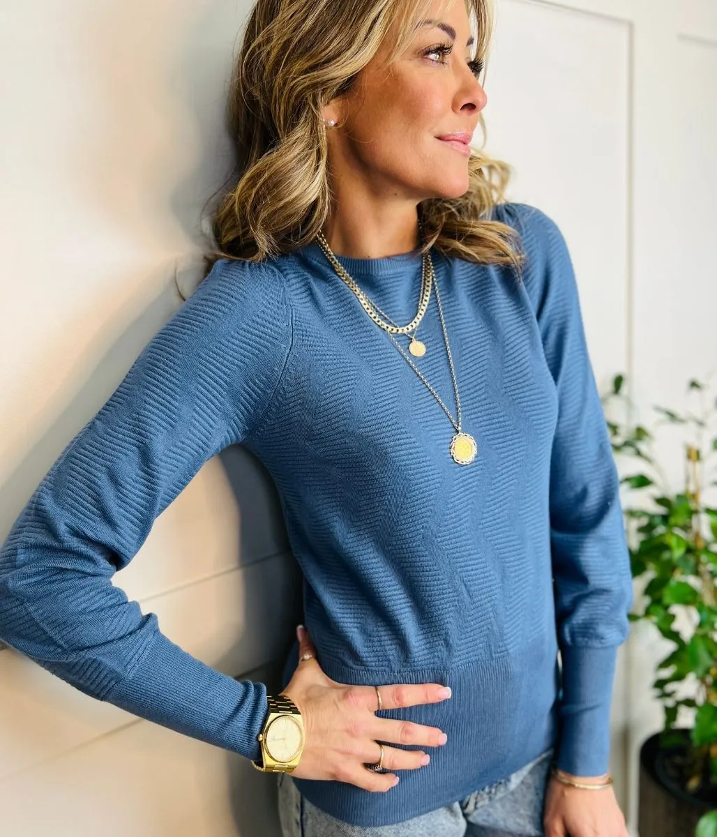 Dusky Blue Textured Blouson Sleeve Jumper