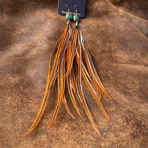 Earrings, Long Feathers with Turquoise Stones & Hooks - SALE!