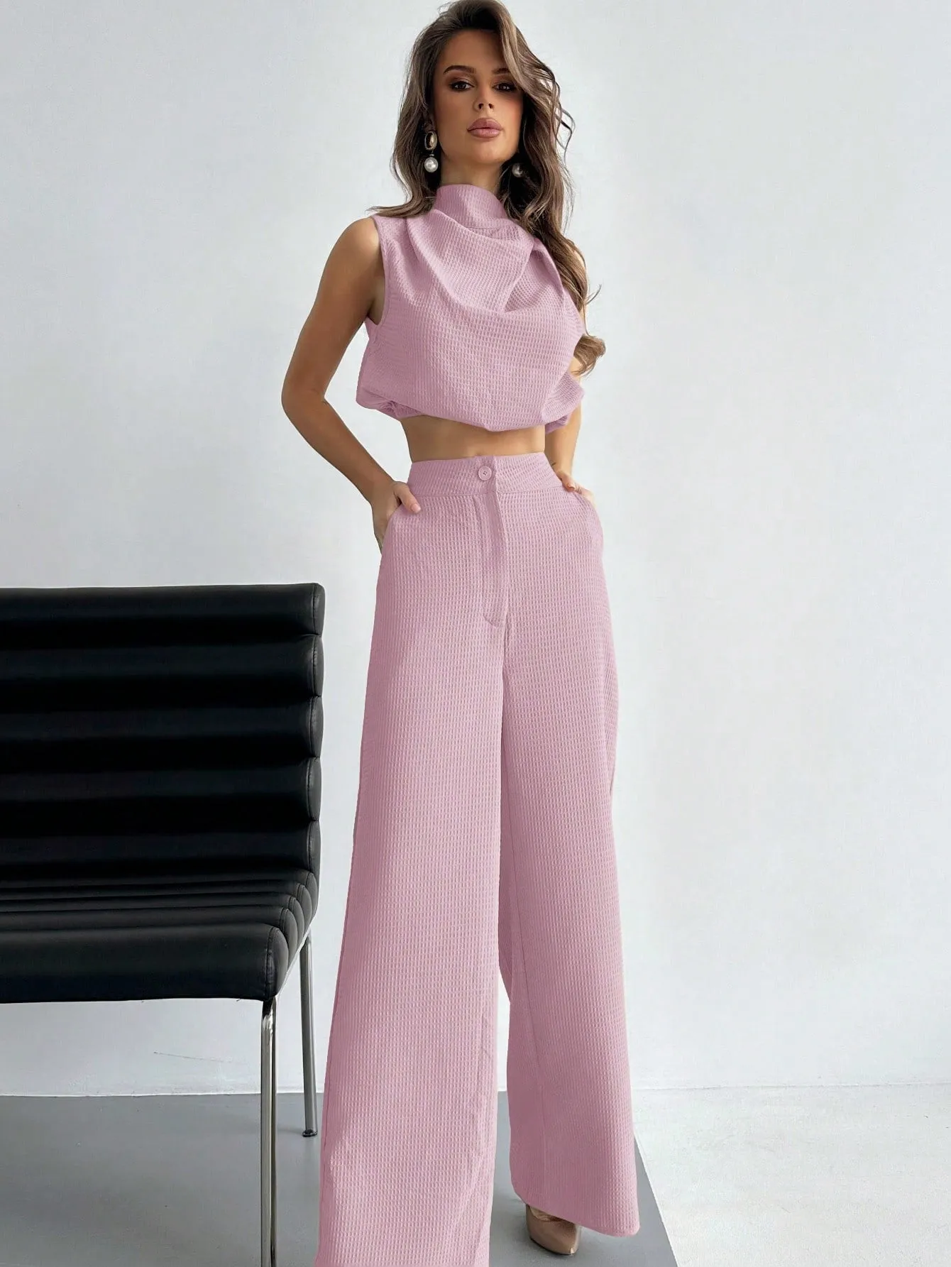 Elegant Plain Twisted Top And Pants Two-Piece Set For Daily Wearing