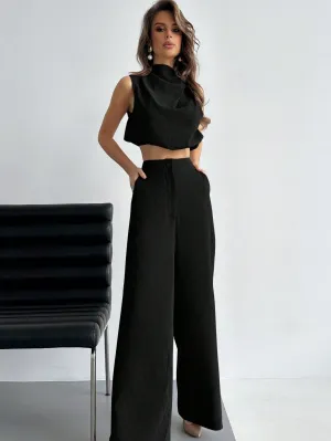 Elegant Plain Twisted Top And Pants Two-Piece Set For Daily Wearing