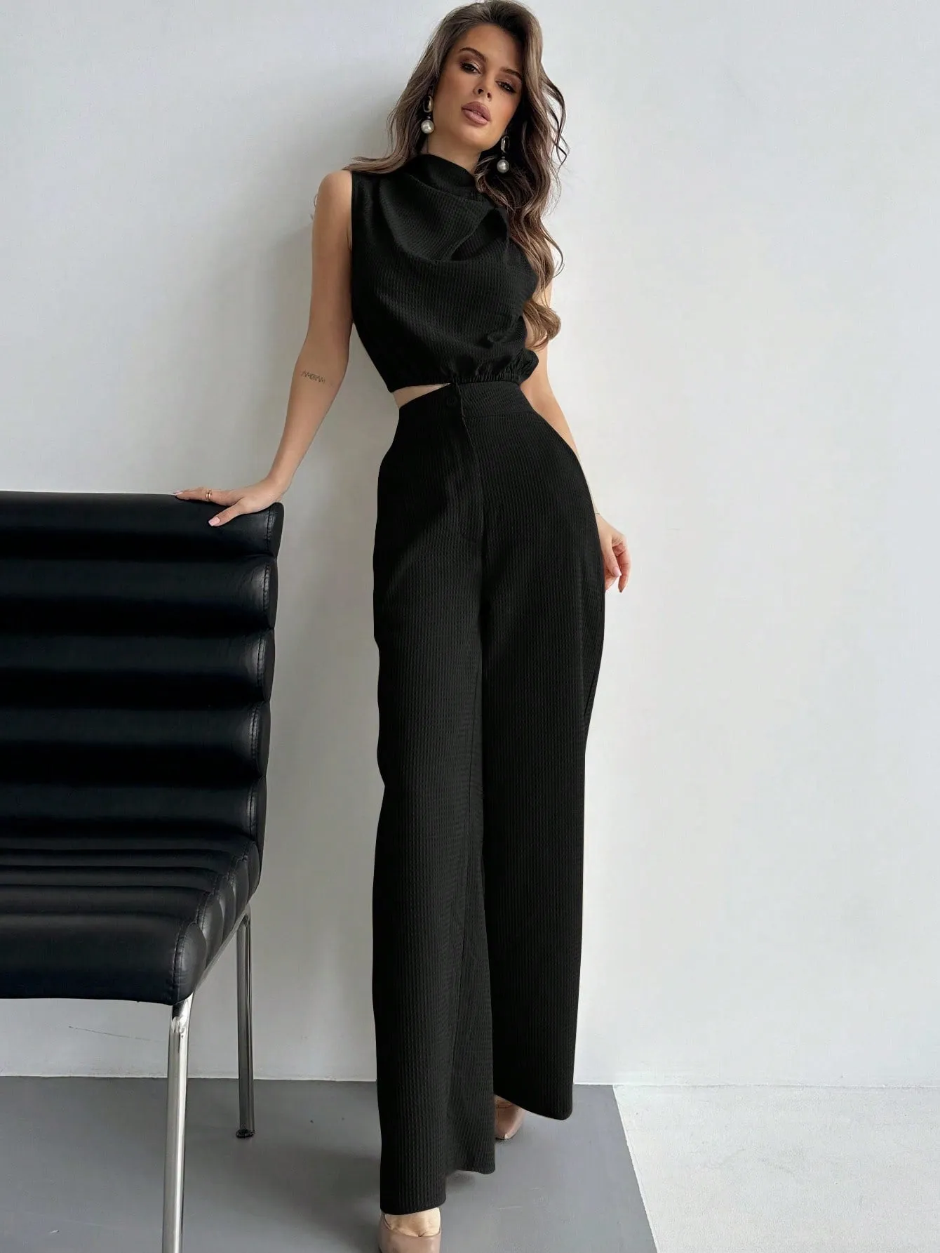 Elegant Plain Twisted Top And Pants Two-Piece Set For Daily Wearing