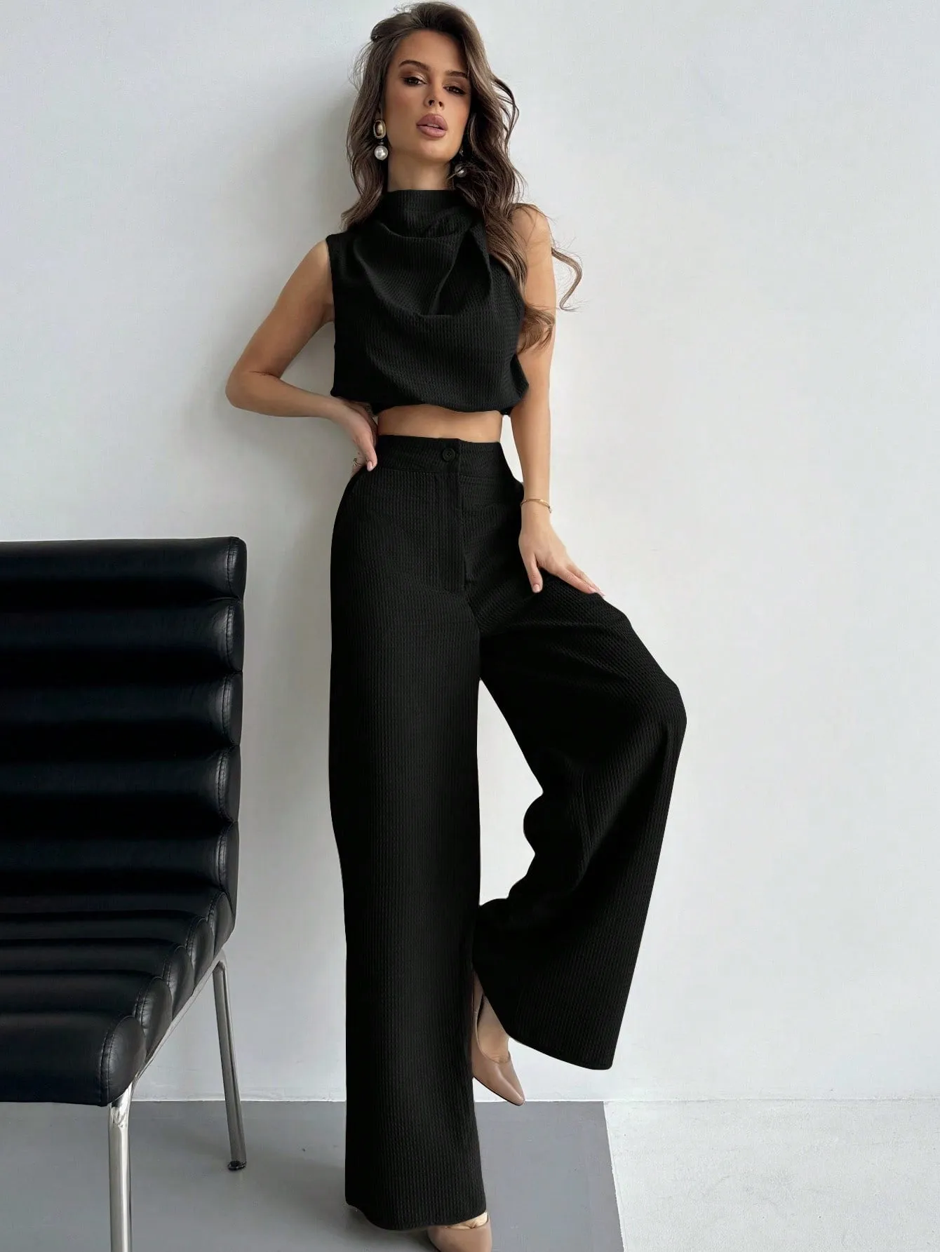 Elegant Plain Twisted Top And Pants Two-Piece Set For Daily Wearing