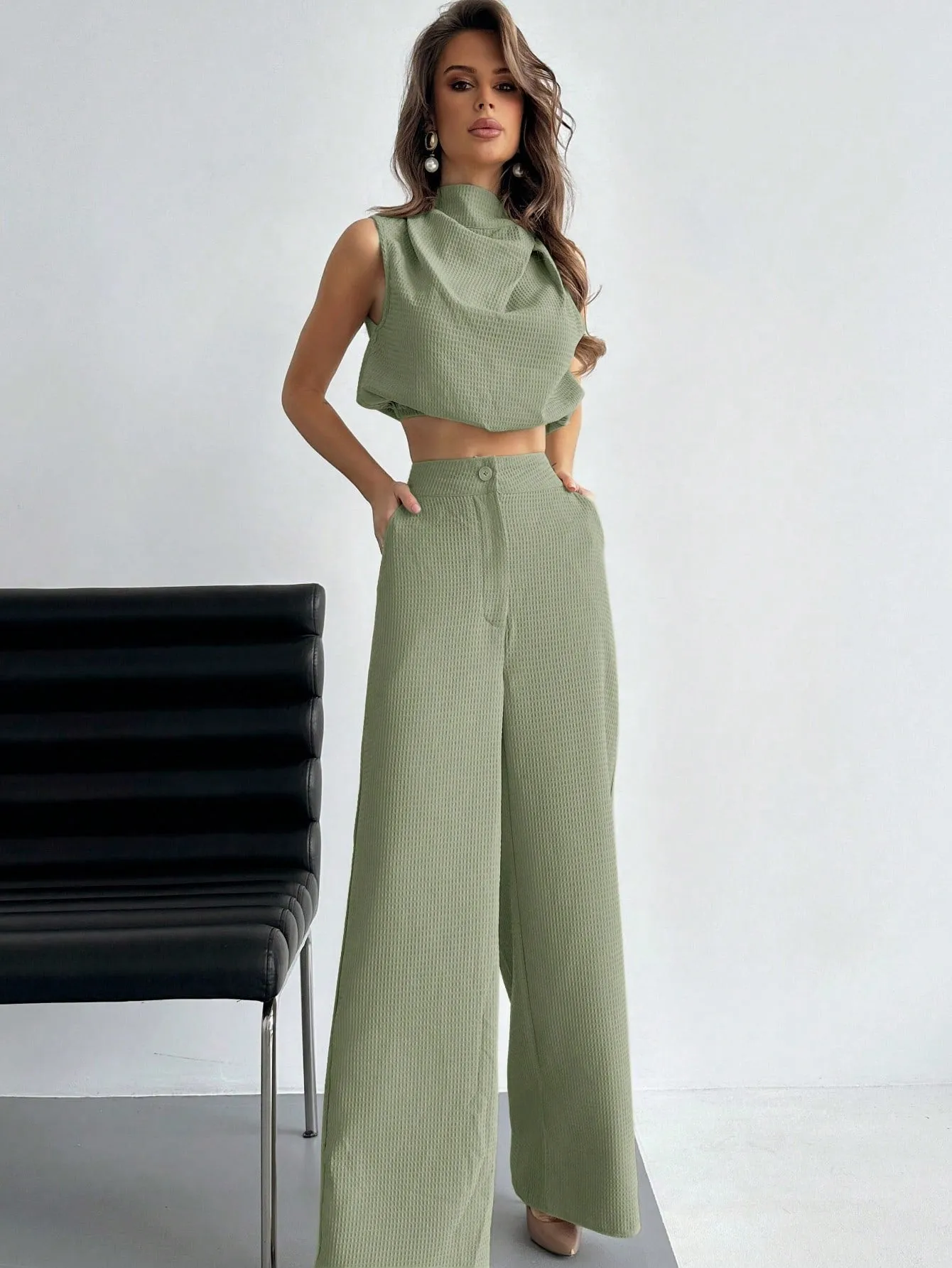 Elegant Plain Twisted Top And Pants Two-Piece Set For Daily Wearing