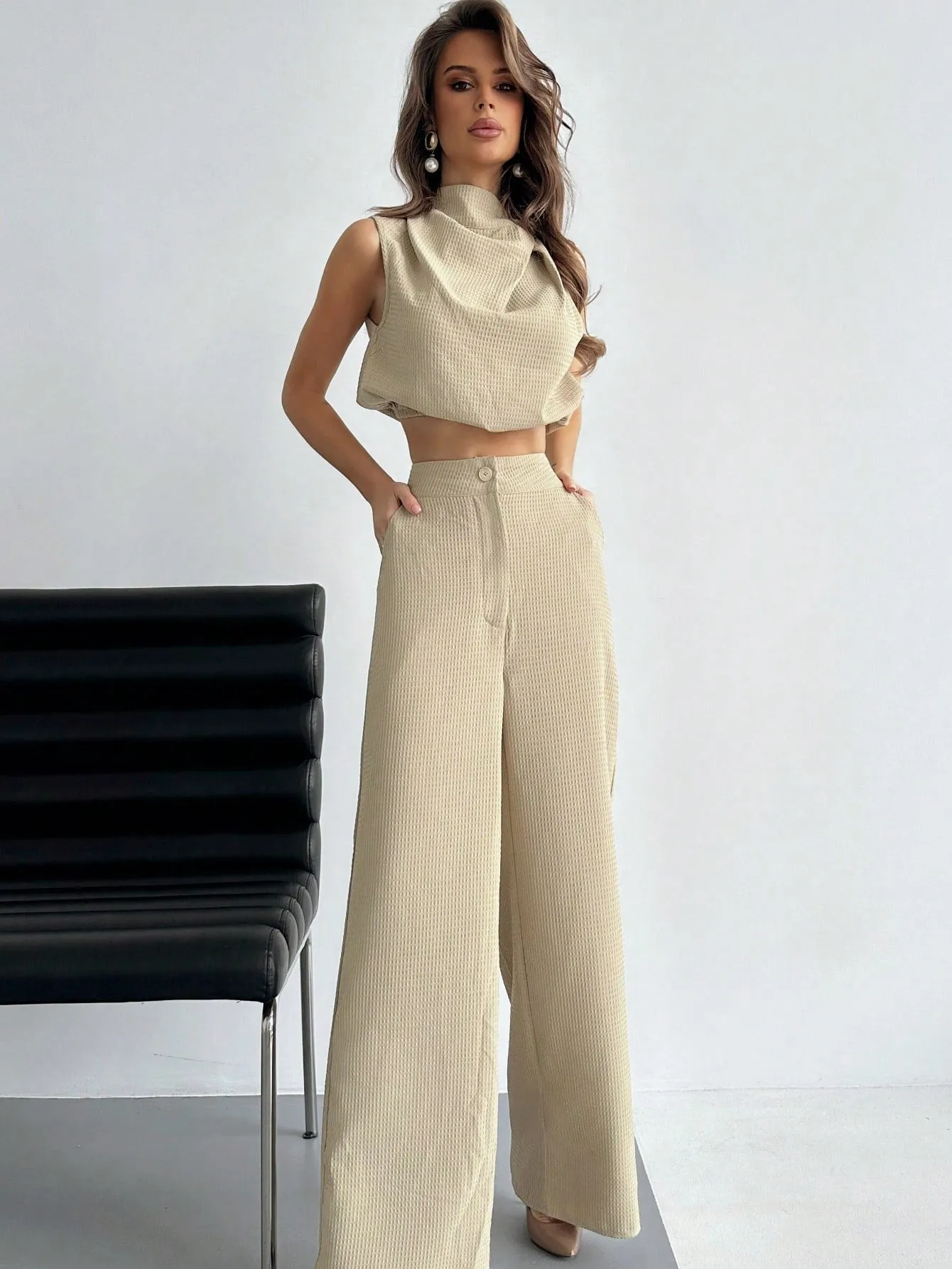 Elegant Plain Twisted Top And Pants Two-Piece Set For Daily Wearing