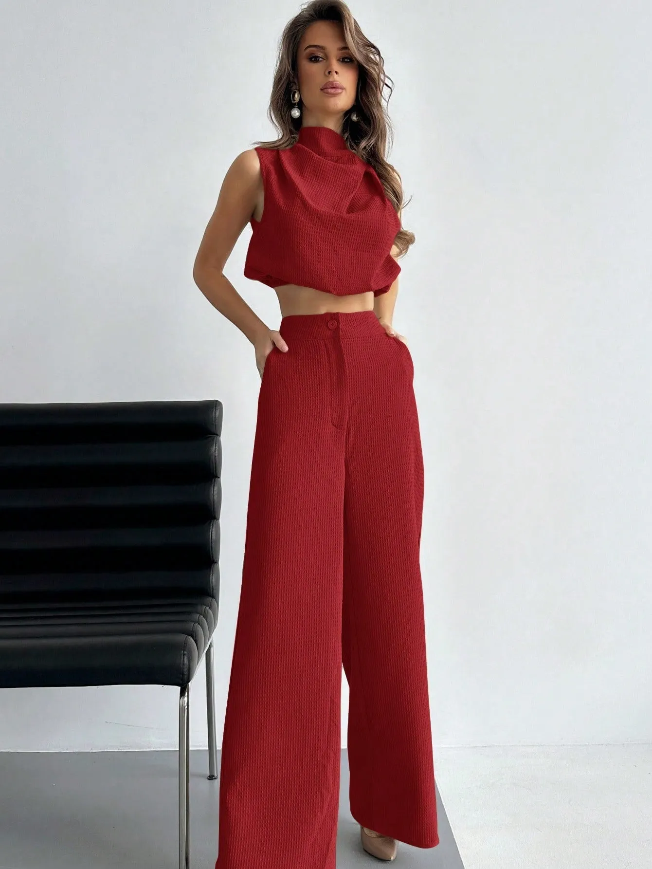 Elegant Plain Twisted Top And Pants Two-Piece Set For Daily Wearing