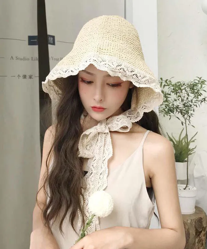 Elegant White Patchwork Lace Lace Up Straw Woven Floppy Sun Hat