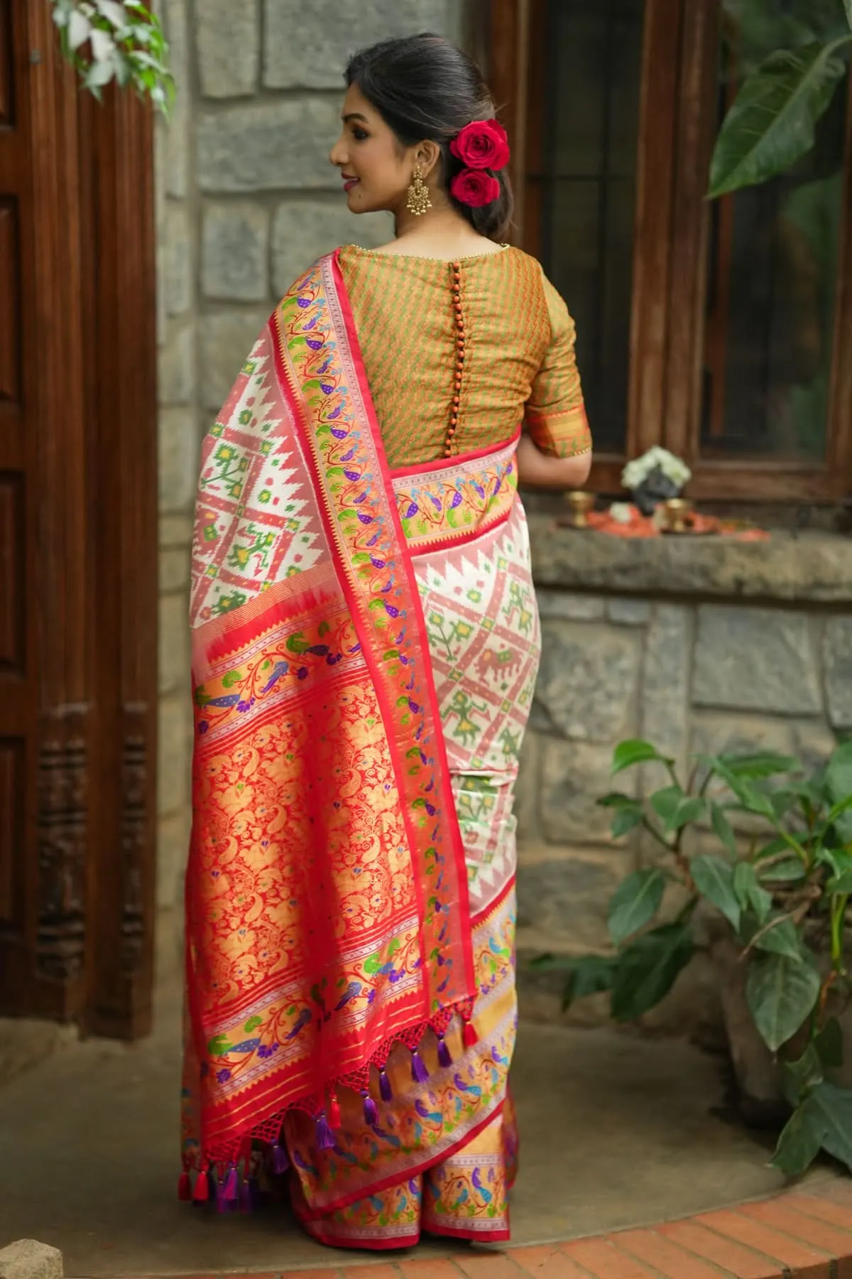 Exquisite Ikkat Patola Kanjivaram Saree with Paithani Style Wide Border in White & Red | SILK MARK CERTIFIED