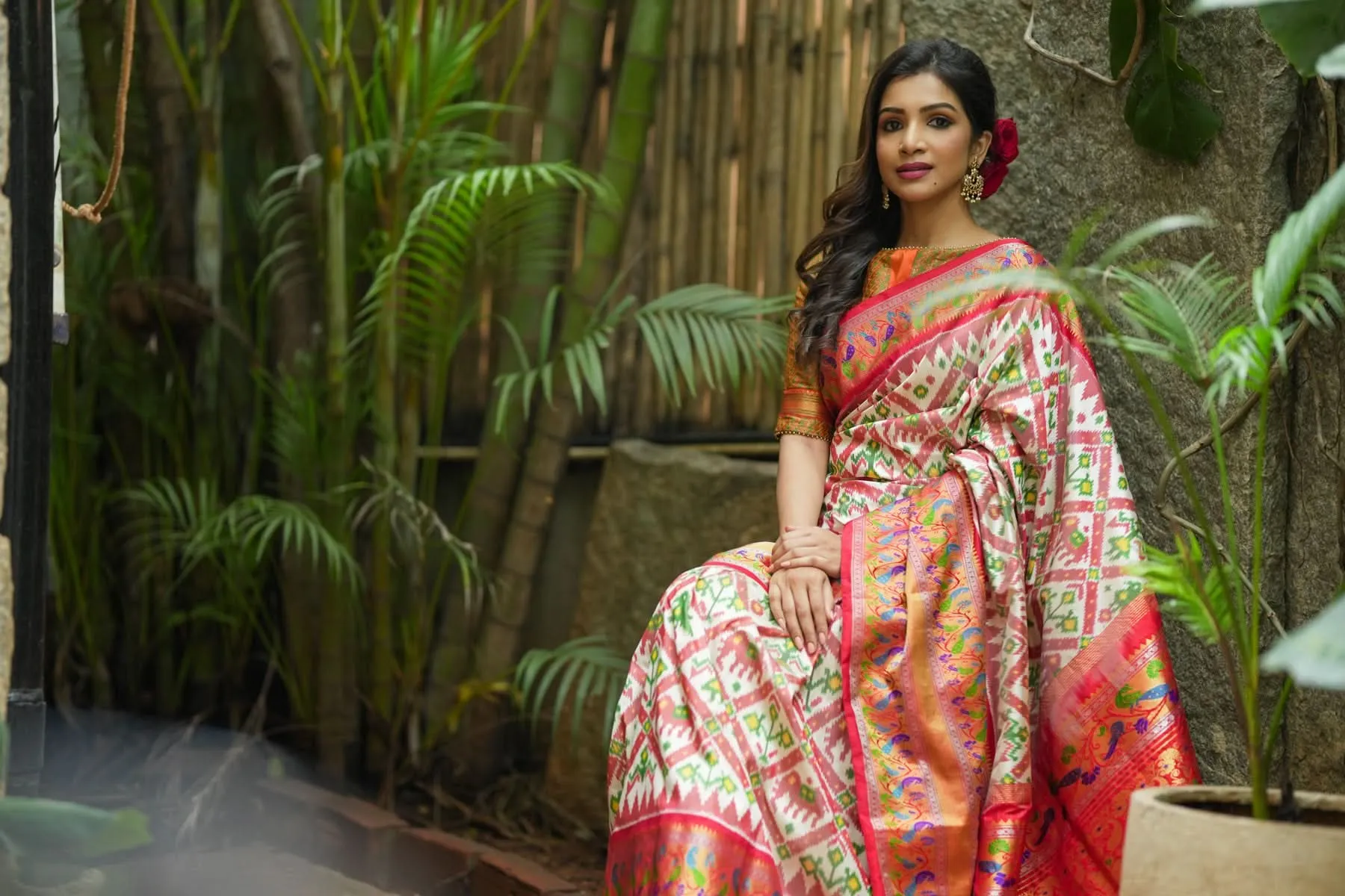 Exquisite Ikkat Patola Kanjivaram Saree with Paithani Style Wide Border in White & Red | SILK MARK CERTIFIED