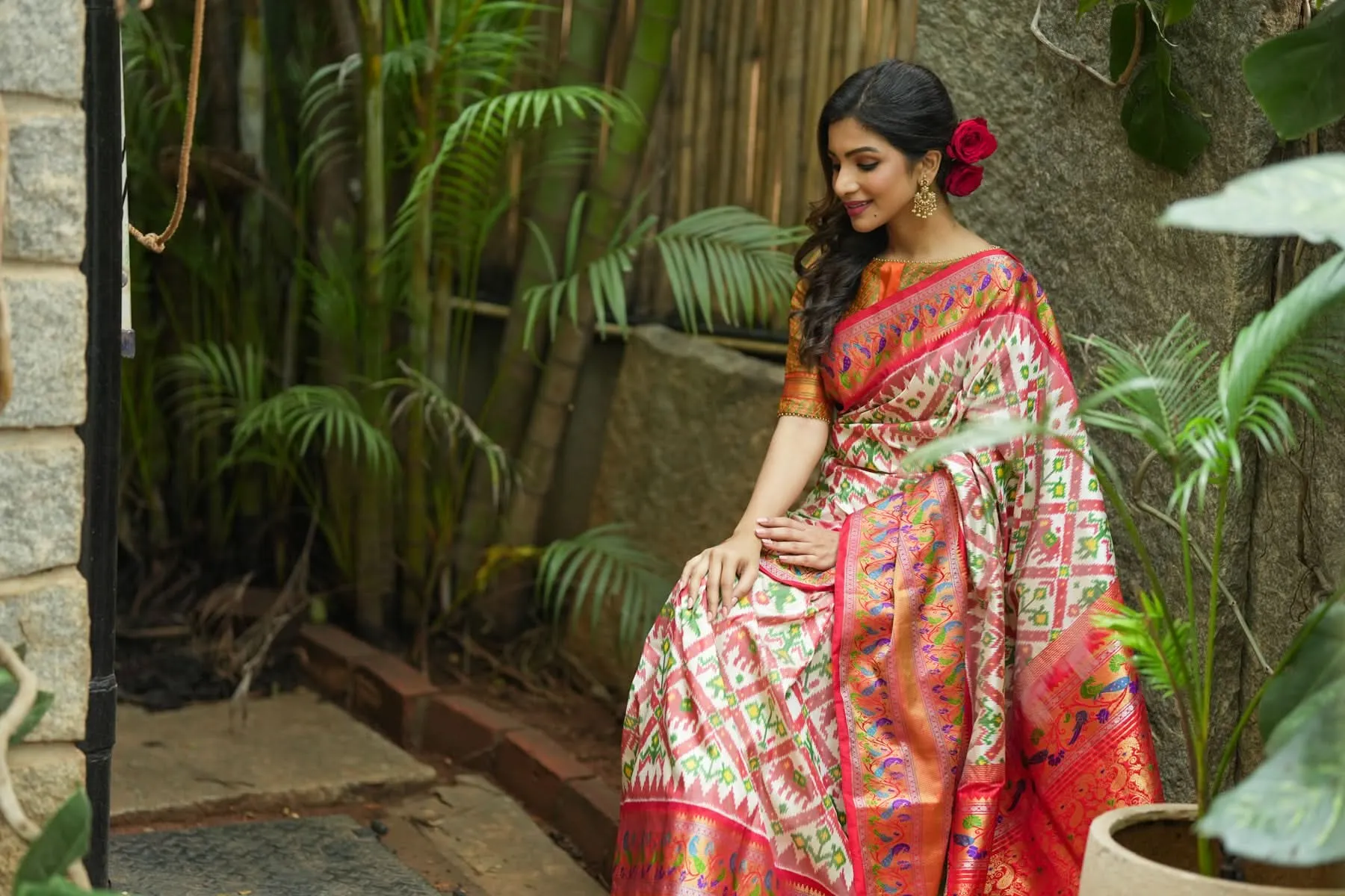 Exquisite Ikkat Patola Kanjivaram Saree with Paithani Style Wide Border in White & Red | SILK MARK CERTIFIED