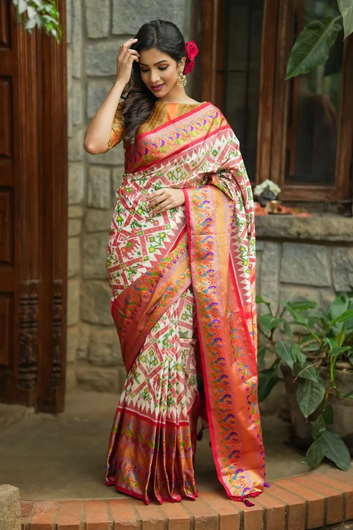 Exquisite Ikkat Patola Kanjivaram Saree with Paithani Style Wide Border in White & Red | SILK MARK CERTIFIED