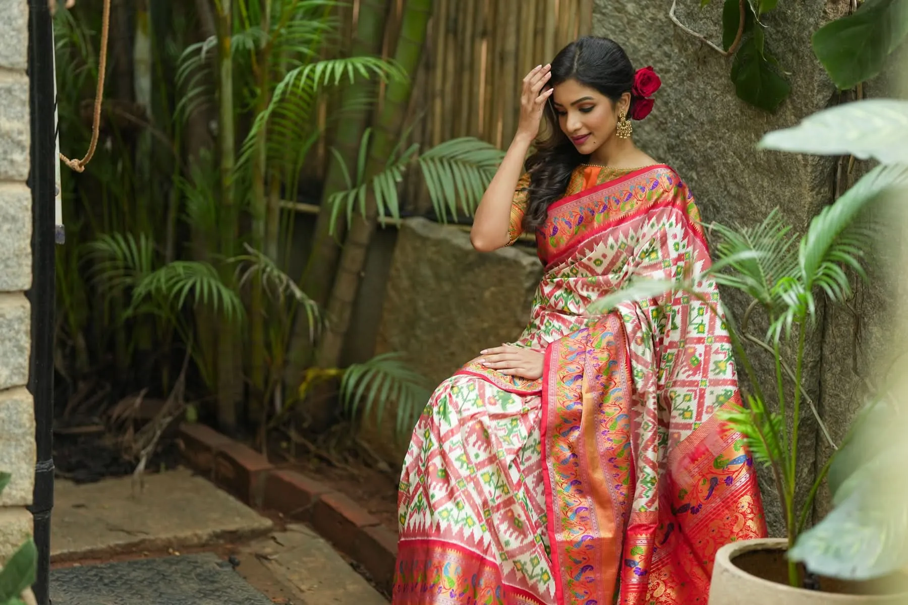 Exquisite Ikkat Patola Kanjivaram Saree with Paithani Style Wide Border in White & Red | SILK MARK CERTIFIED