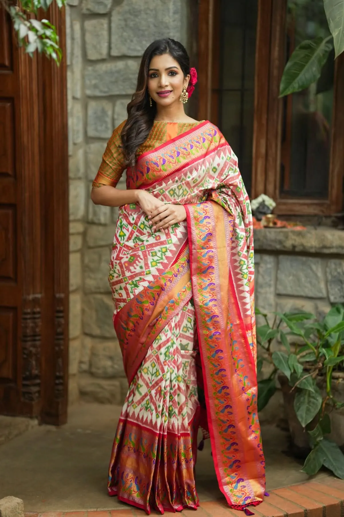 Exquisite Ikkat Patola Kanjivaram Saree with Paithani Style Wide Border in White & Red | SILK MARK CERTIFIED