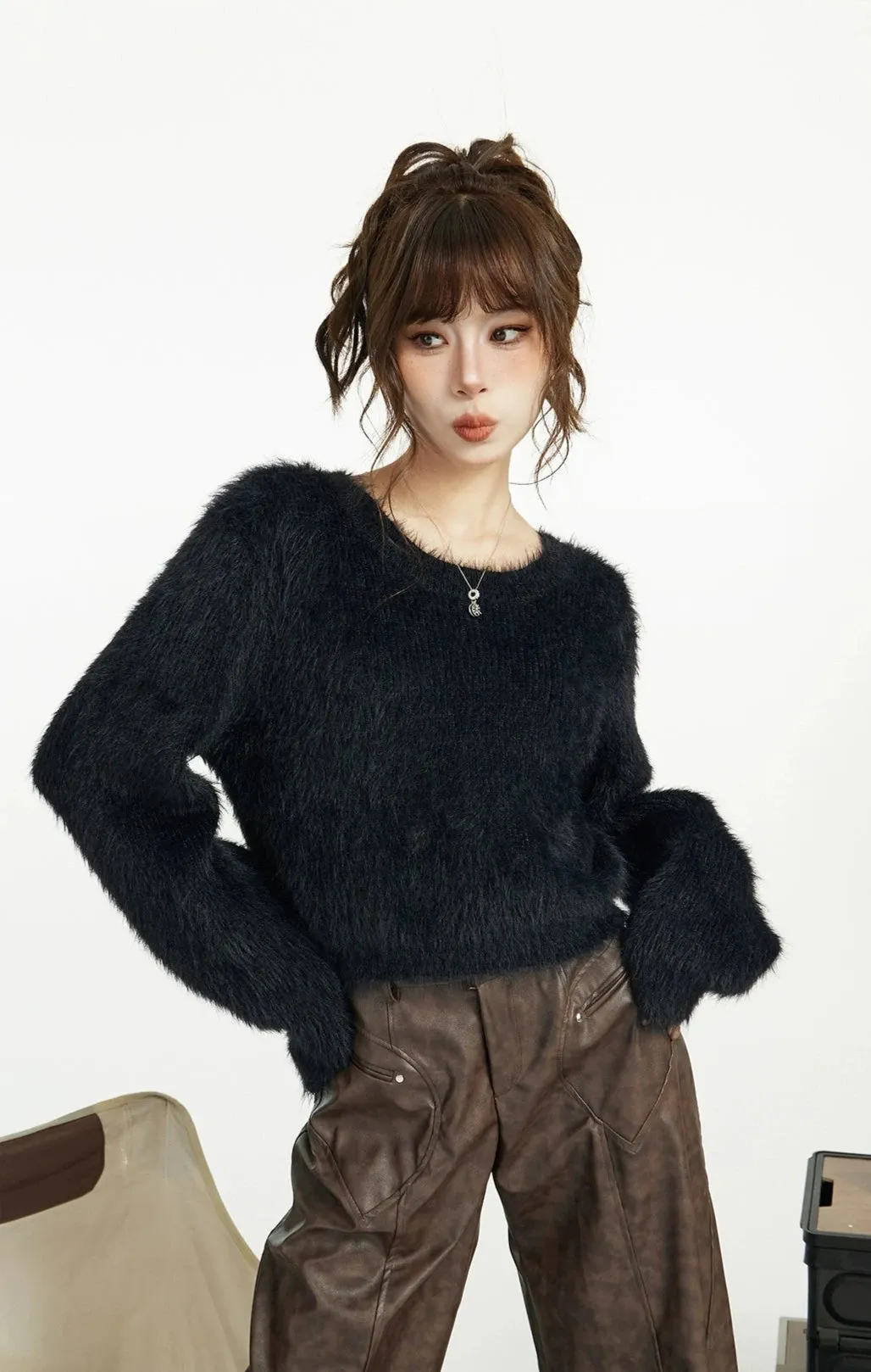 Faux Fur Extra-Cropped Crew-Neck Sweater