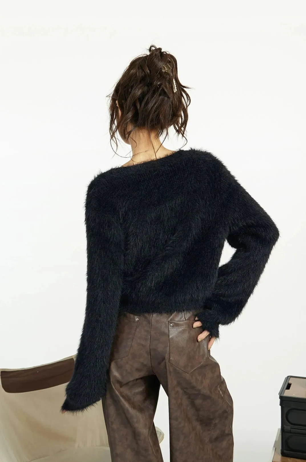 Faux Fur Extra-Cropped Crew-Neck Sweater