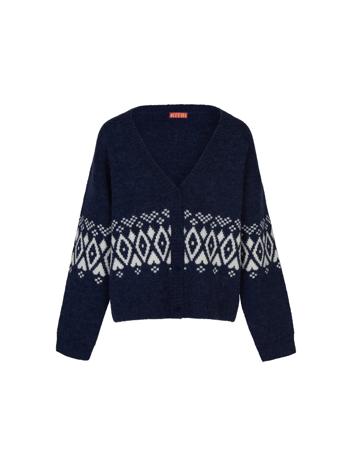 Felicia Navy Fairisle V-Neck Knit Cardigan