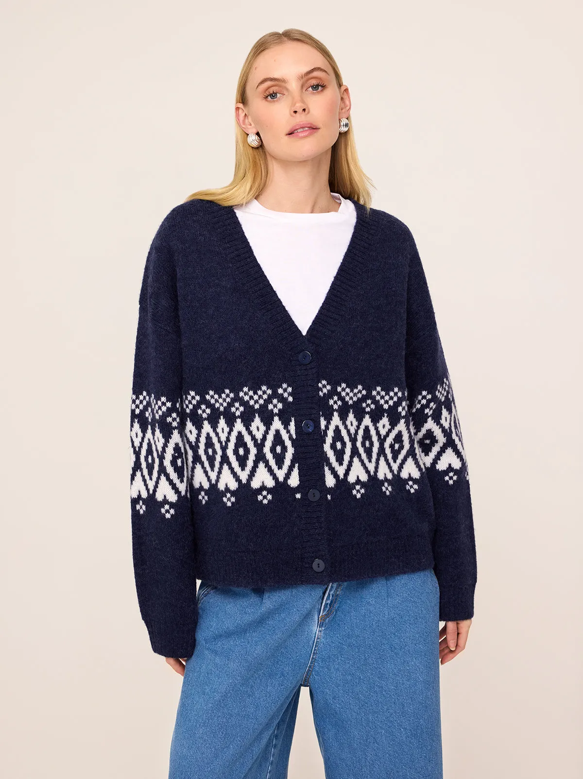 Felicia Navy Fairisle V-Neck Knit Cardigan