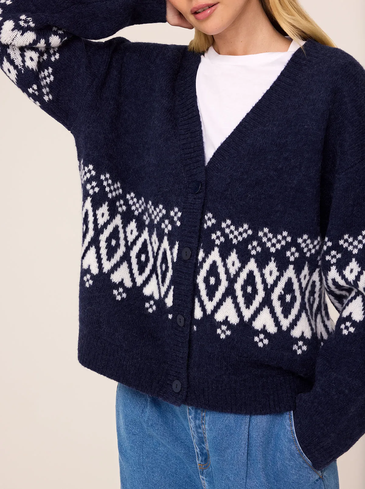 Felicia Navy Fairisle V-Neck Knit Cardigan