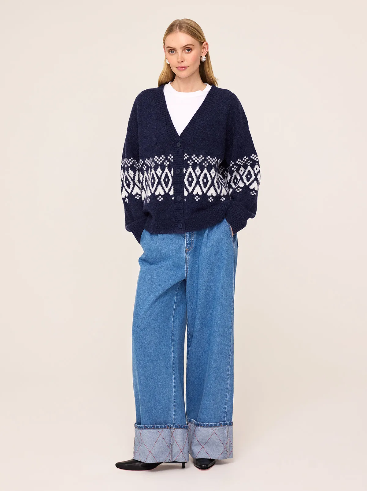 Felicia Navy Fairisle V-Neck Knit Cardigan