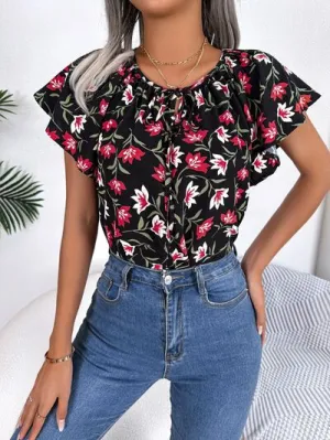 Floral Flutter Sleeve Tie Neck Blouse