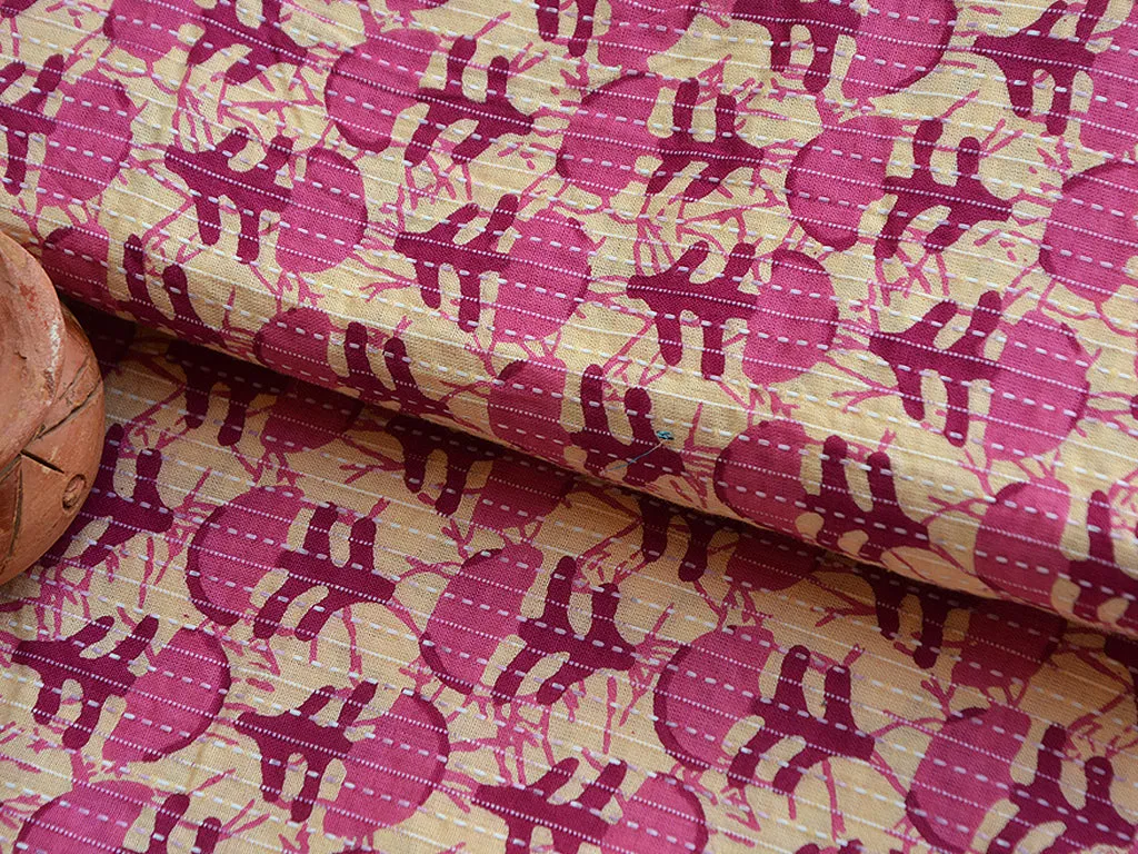 Fuscia Pink Motifs Pure Cotton Kantha Fabric