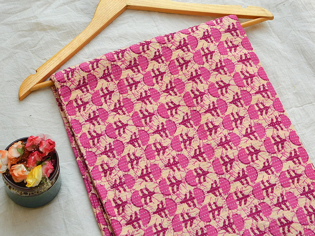 Fuscia Pink Motifs Pure Cotton Kantha Fabric