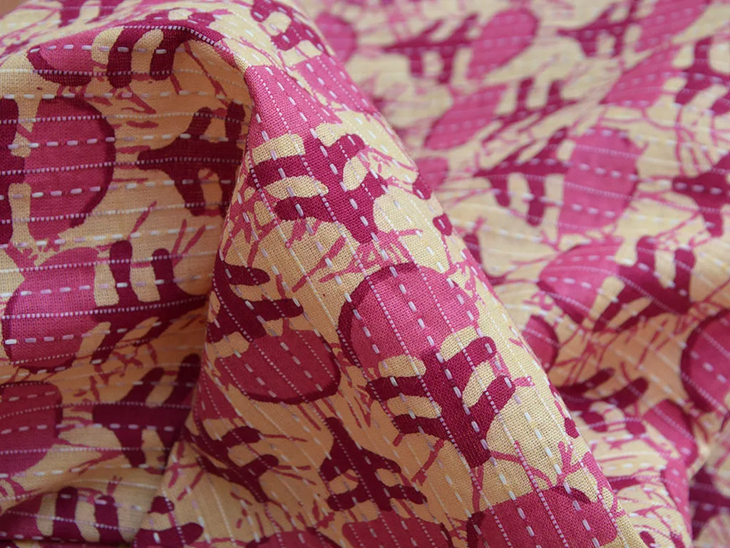 Fuscia Pink Motifs Pure Cotton Kantha Fabric