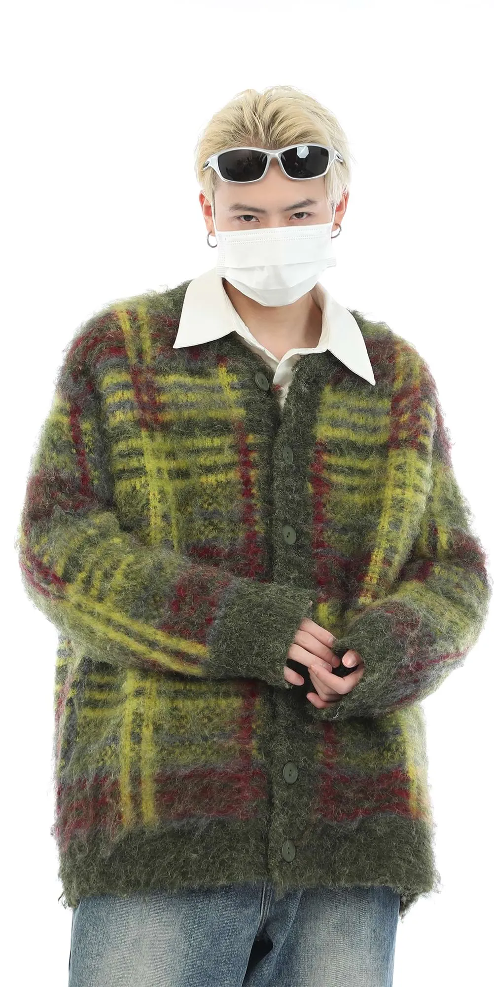 Fuzzy Mohair Knit Plaid Cardigan