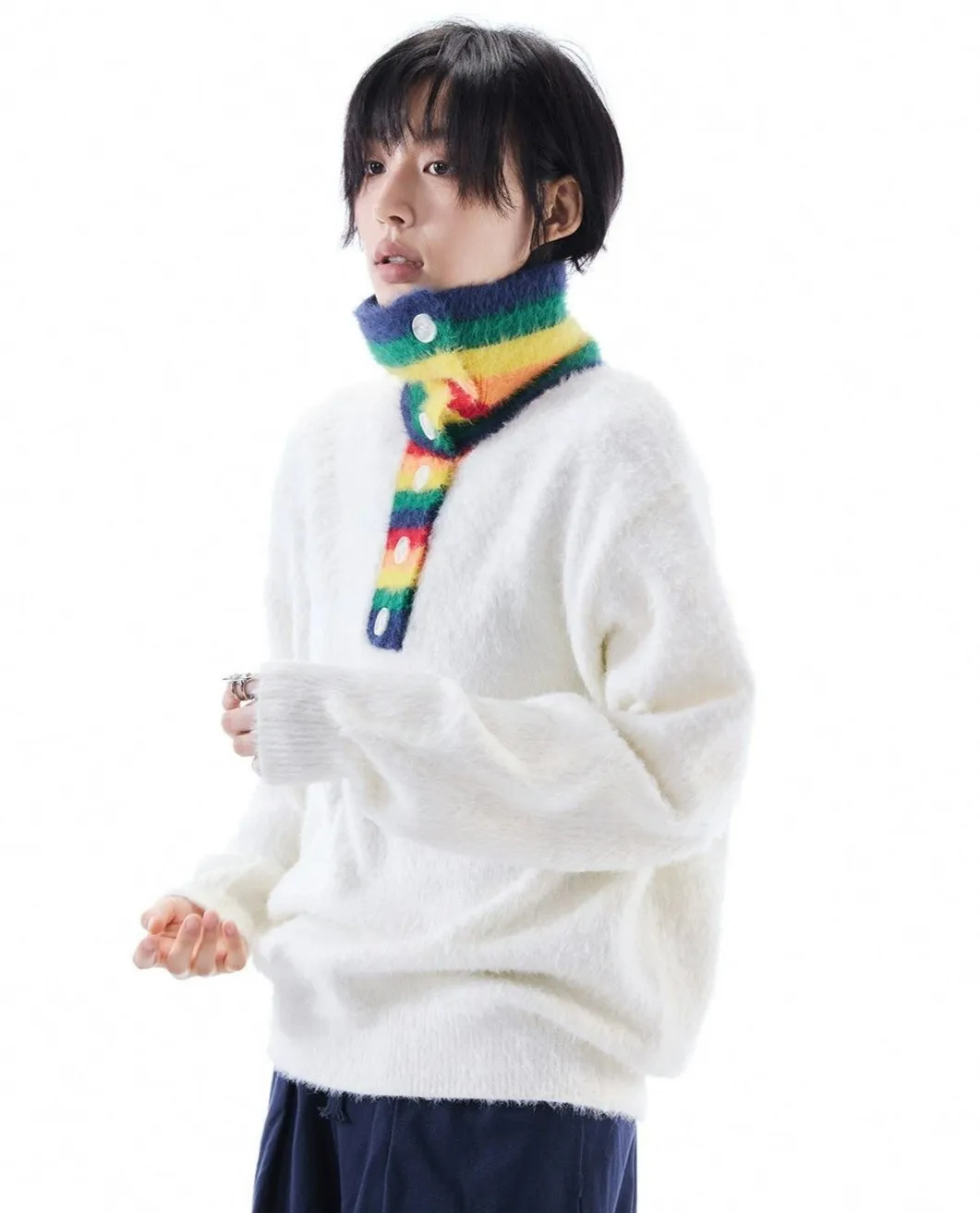 Fuzzy Oversized Sweater with Rainbow Collar Detail