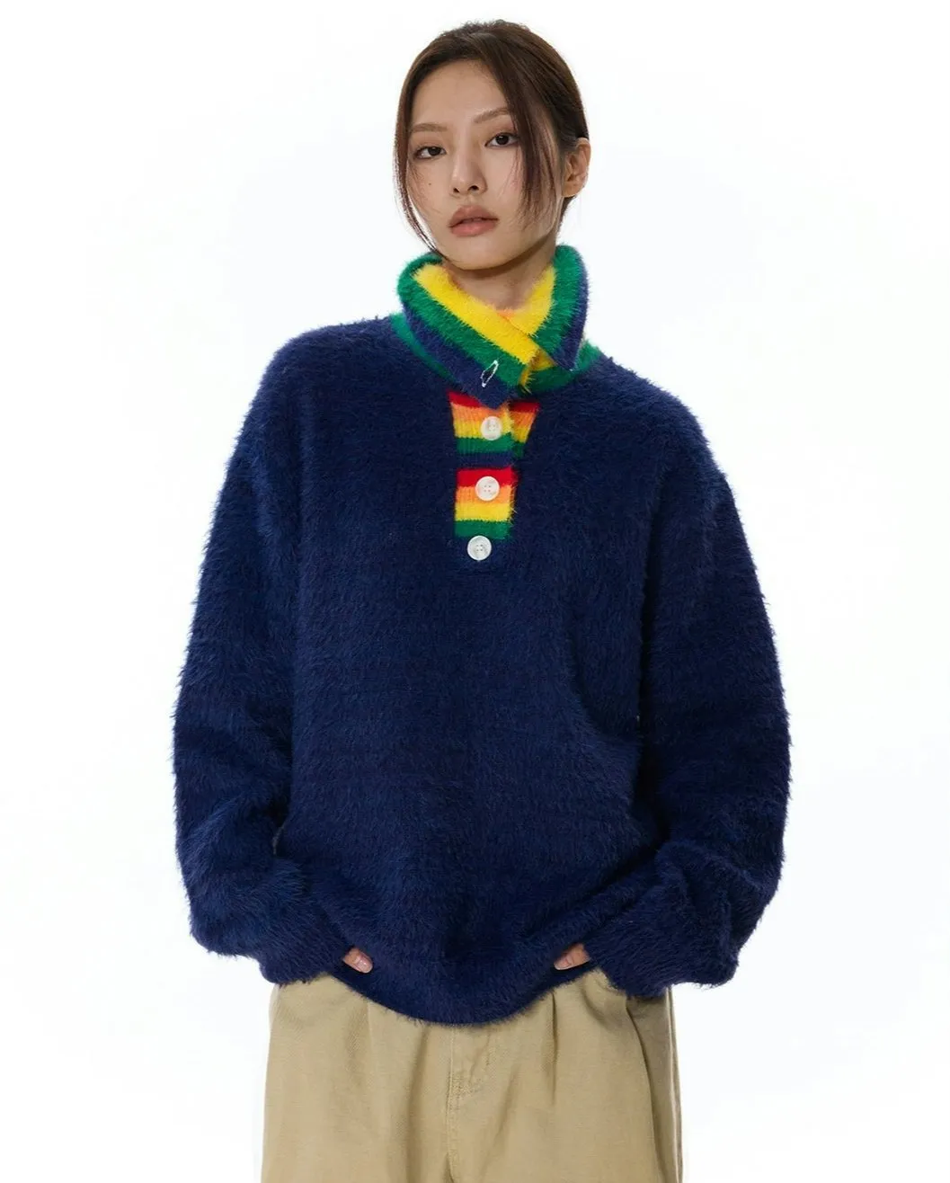 Fuzzy Oversized Sweater with Rainbow Collar Detail