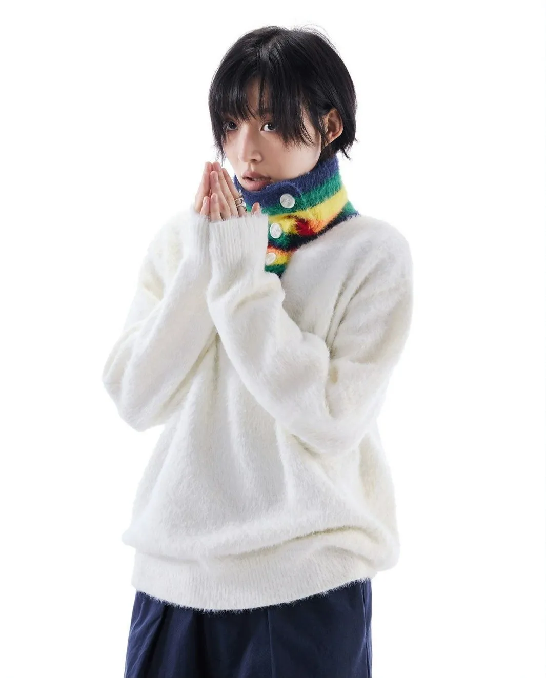 Fuzzy Oversized Sweater with Rainbow Collar Detail