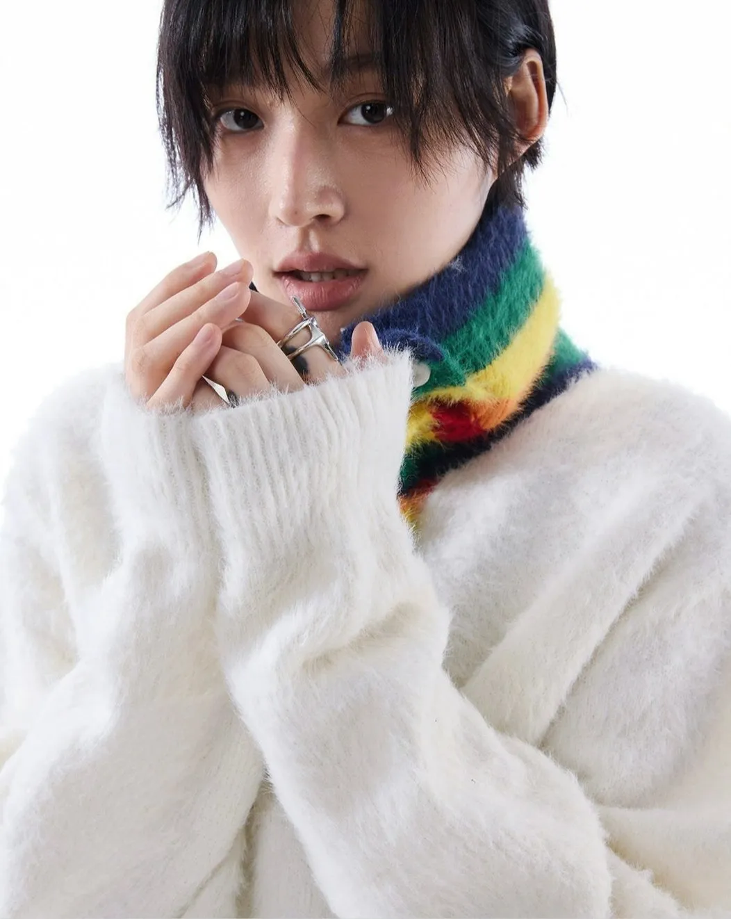 Fuzzy Oversized Sweater with Rainbow Collar Detail