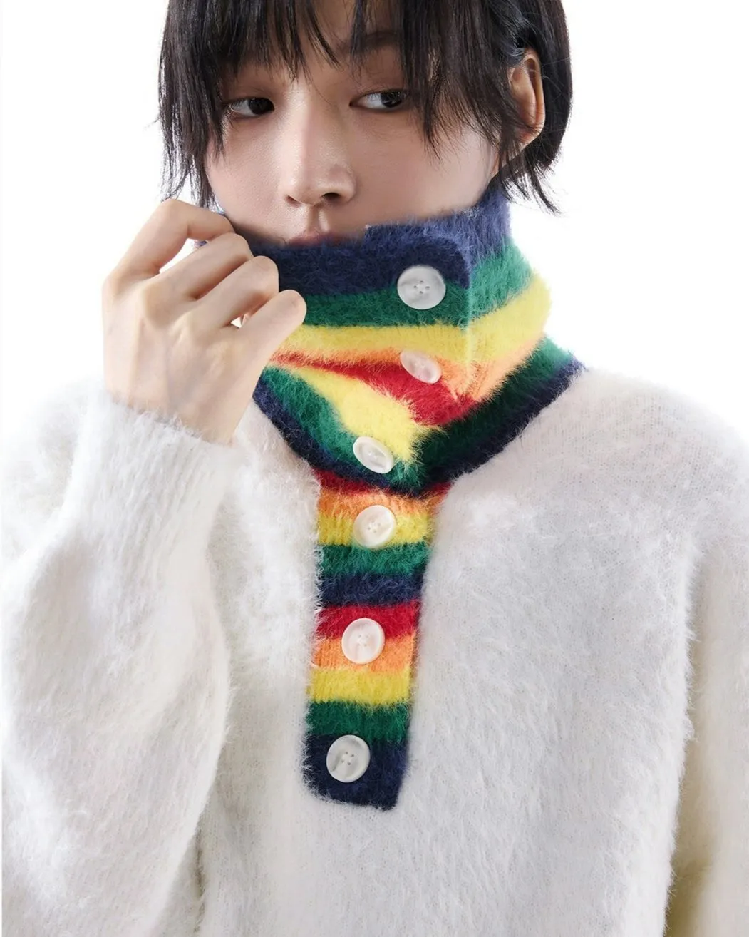 Fuzzy Oversized Sweater with Rainbow Collar Detail