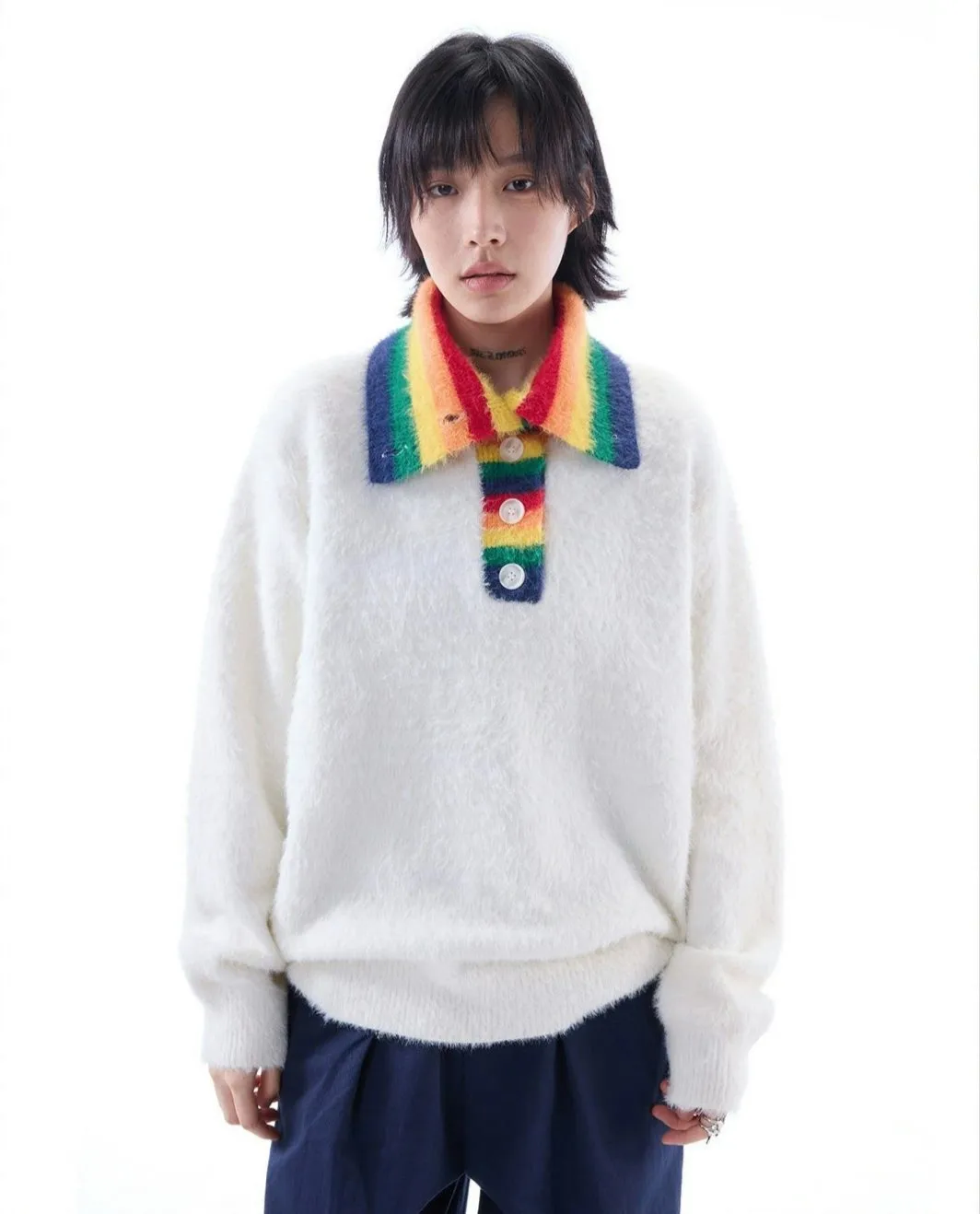 Fuzzy Oversized Sweater with Rainbow Collar Detail