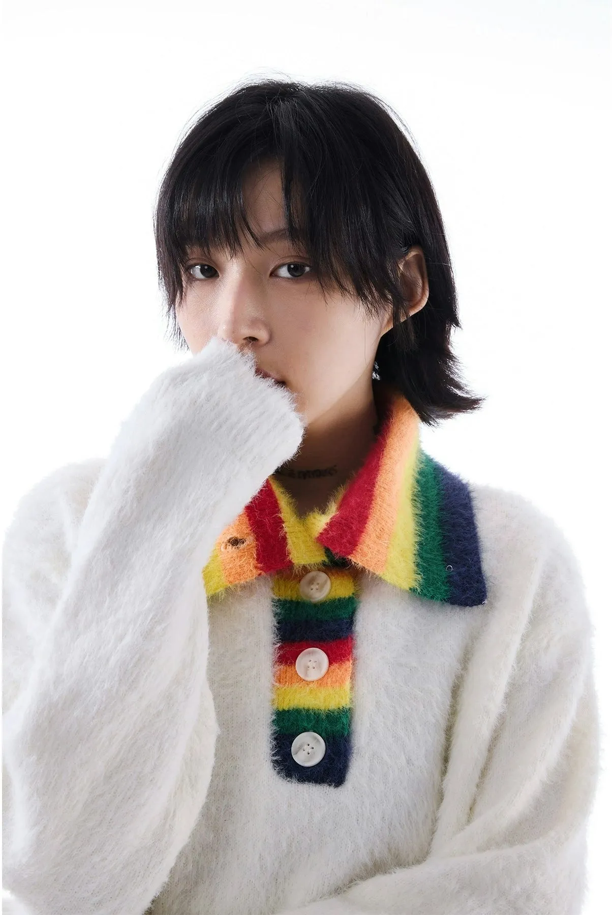 Fuzzy Oversized Sweater with Rainbow Collar Detail