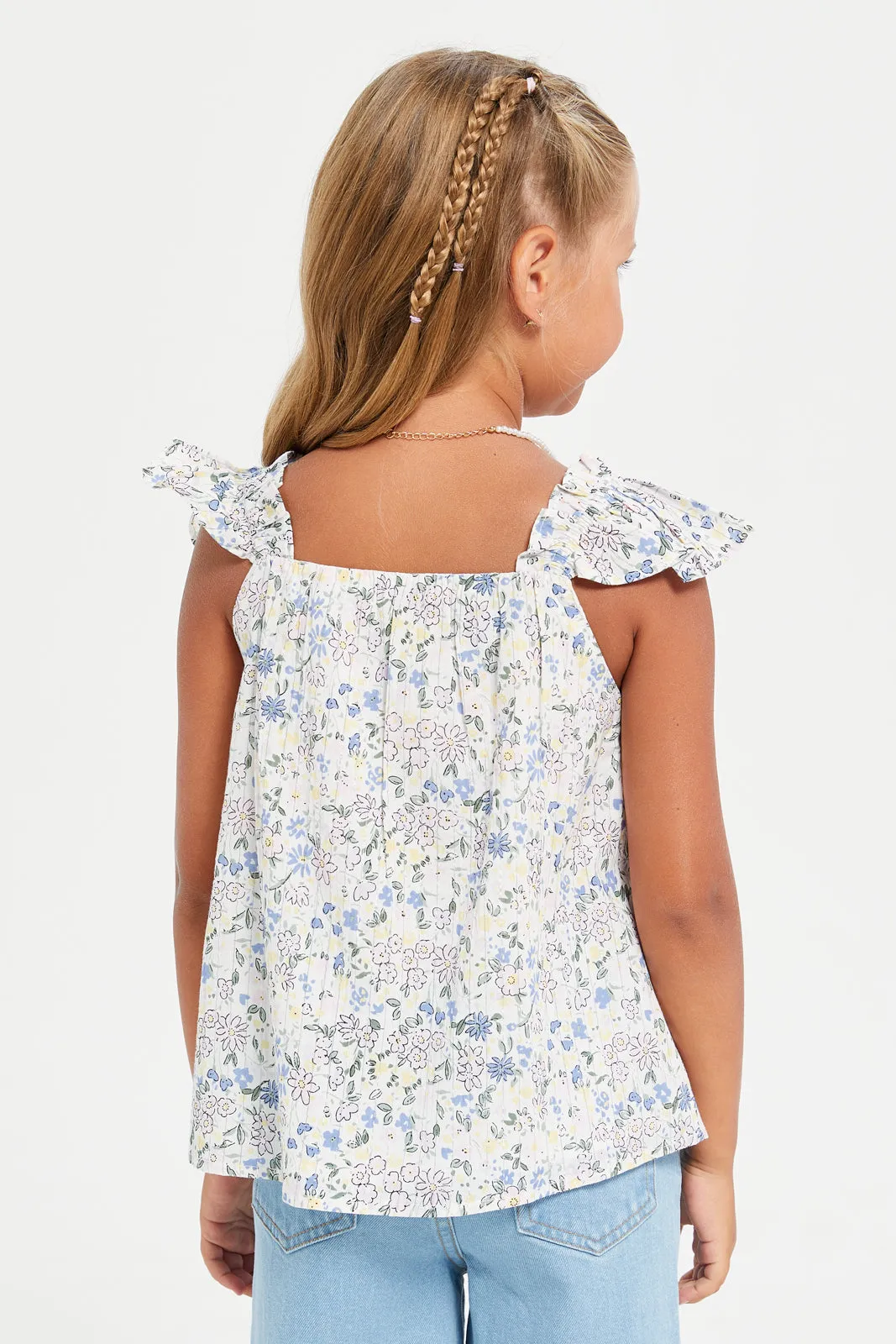 Girls Blue Printed Floral Lurex Blouse