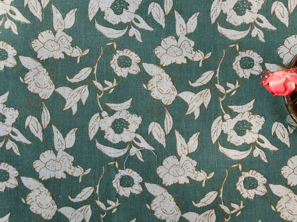 Green & White Floral 100% Pure Cotton Fabric