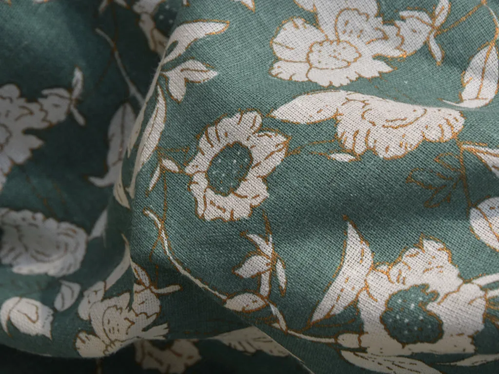 Green & White Floral 100% Pure Cotton Fabric