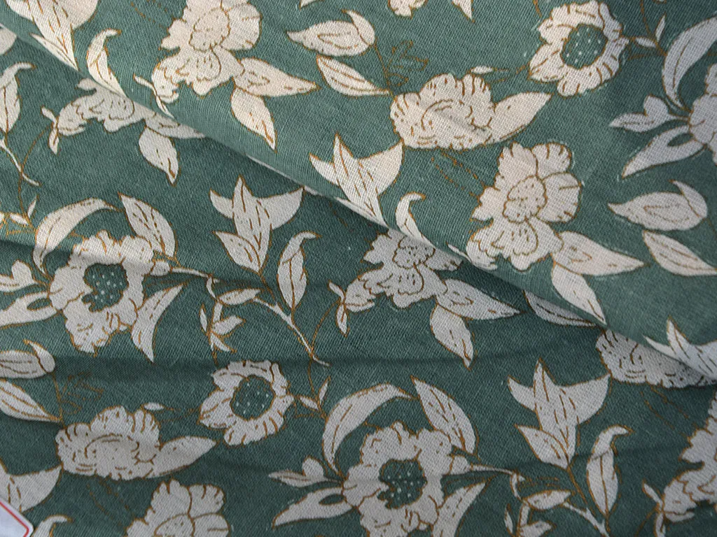 Green & White Floral 100% Pure Cotton Fabric