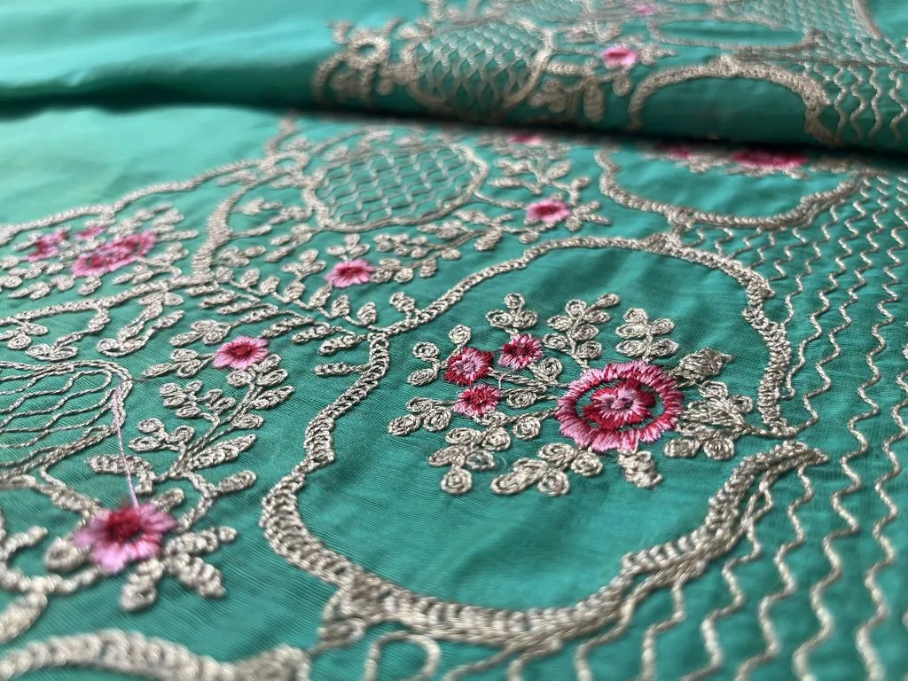 Green Floral Dori Border Embroidered Chanderi Fabric (wholesale)