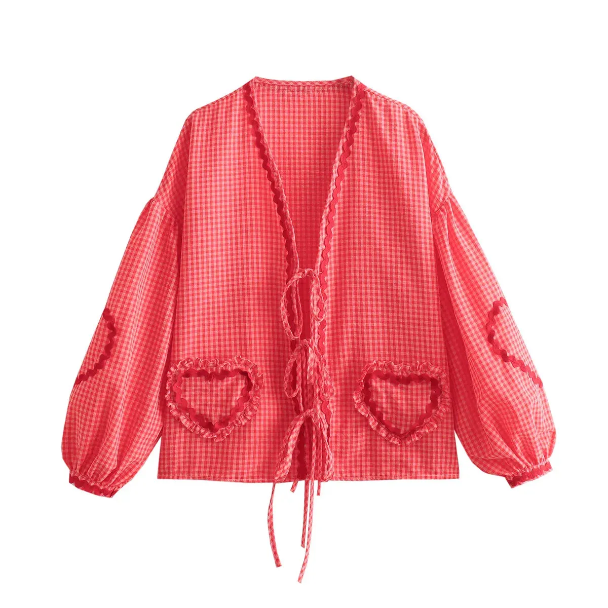 Heart Pockets Front Tie Graceful Up Long Sleeve Loose Shirt