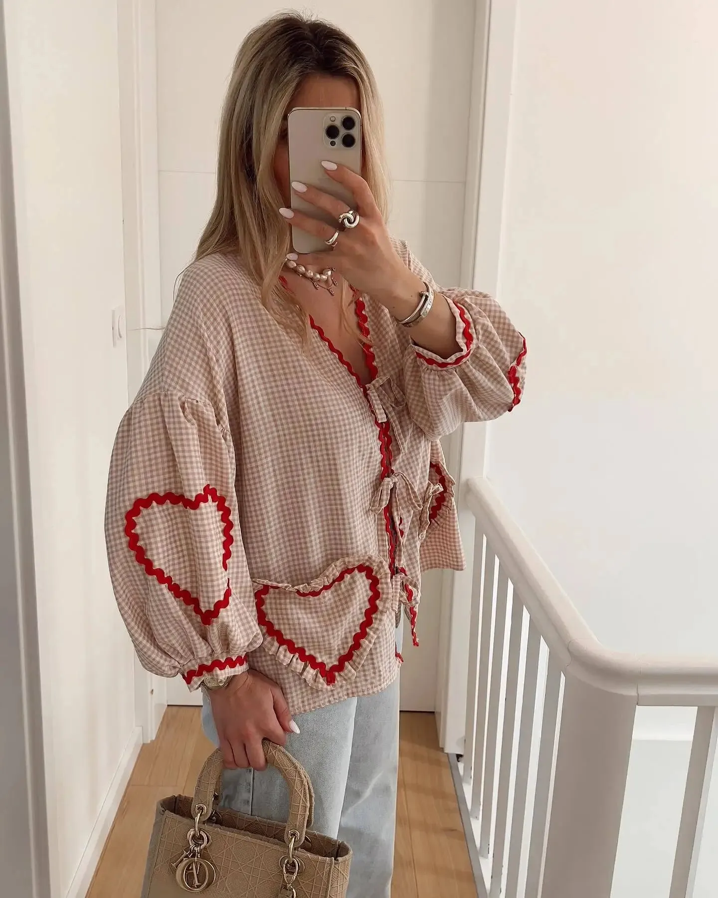 Heart Pockets Front Tie Graceful Up Long Sleeve Loose Shirt