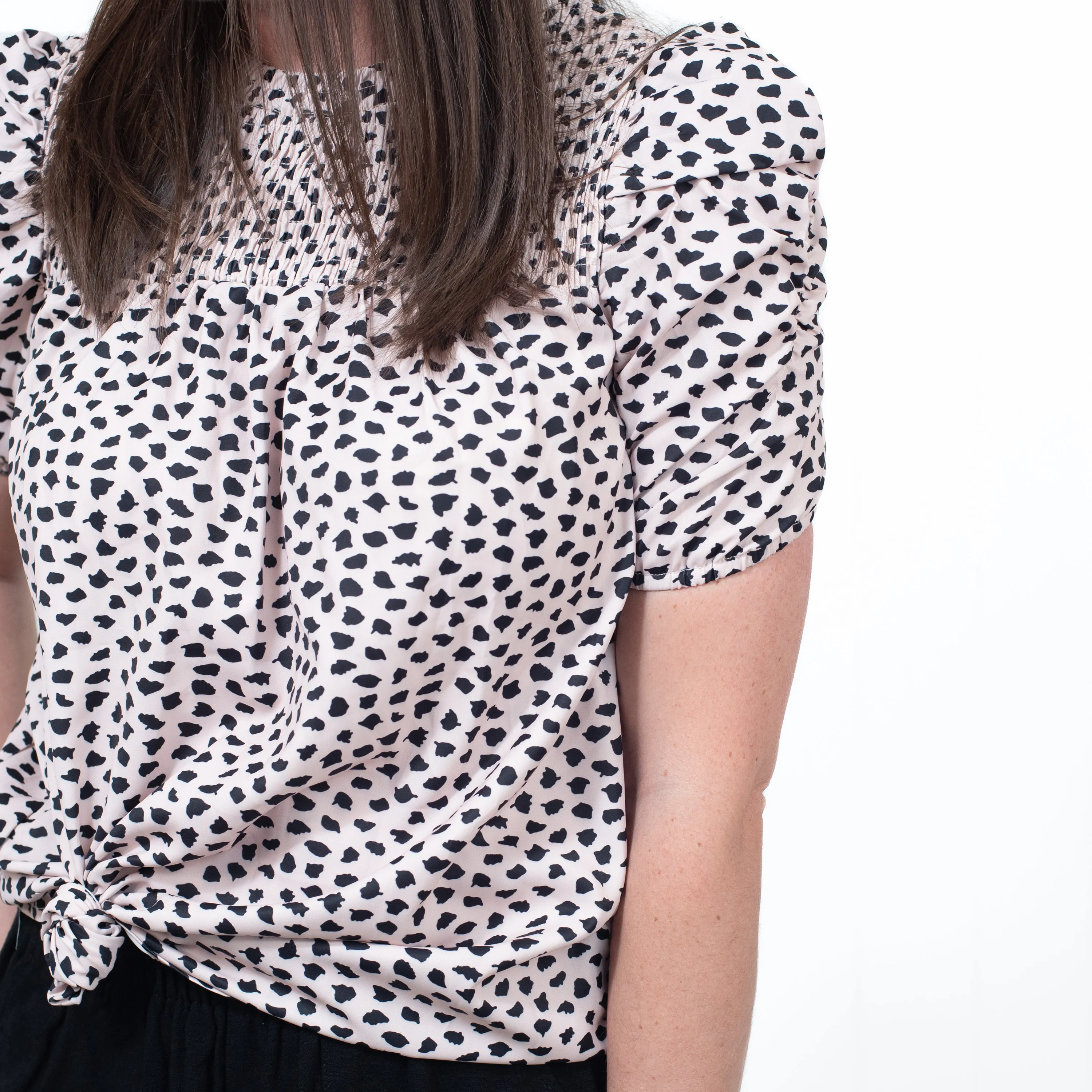 Involved With You - Shirred Round Neck Puff Sleeve Blouse