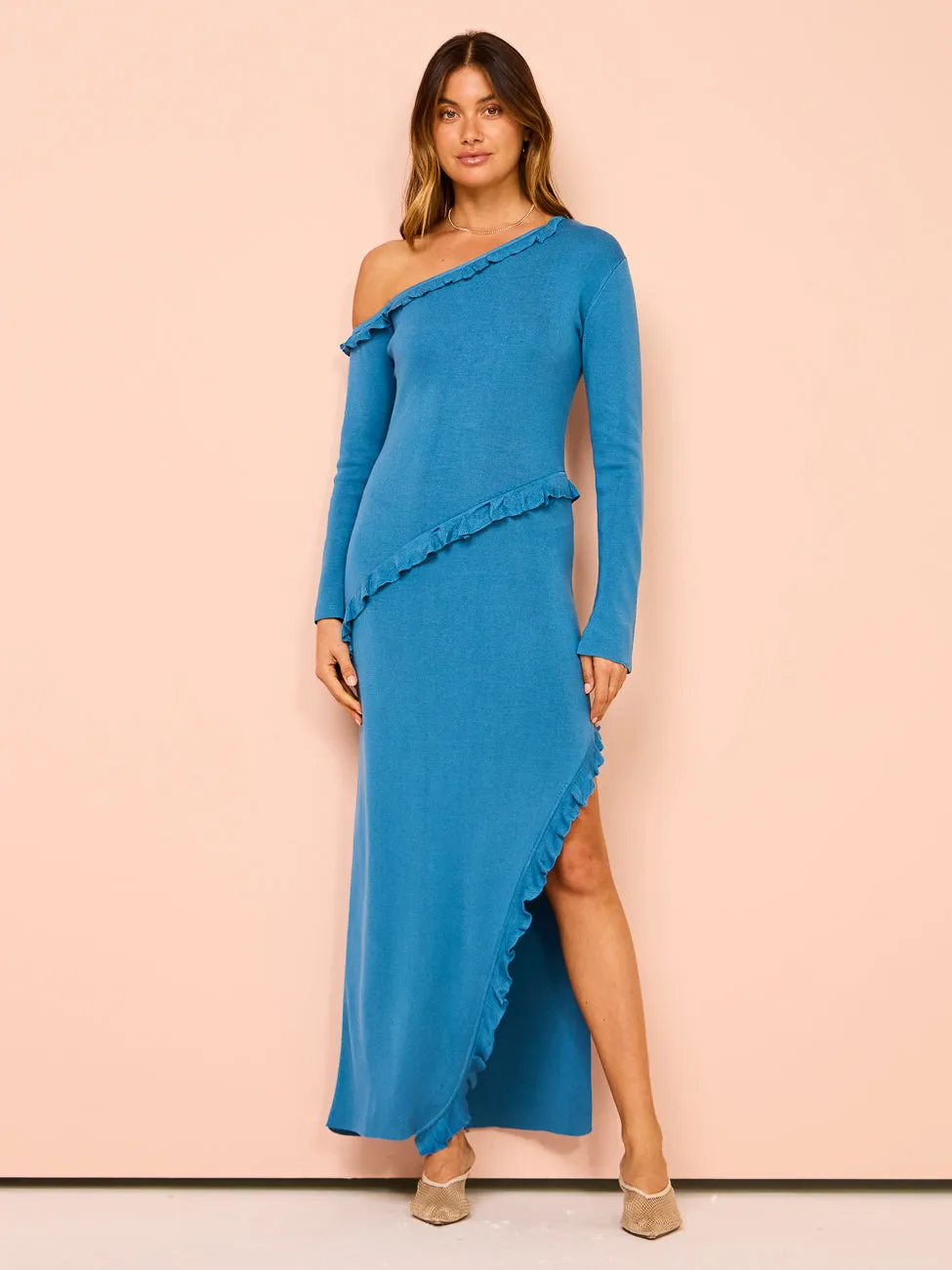 Issy Off Shoulder Ruffle Maxi Dress in Blue