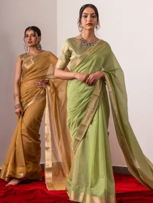 Kairi Green Gold Paisley Pallu Soft Saree With Blouse Fabric