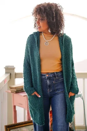 Kiss of Comfort Popcorn Knit Hooded Cardigan -Teal