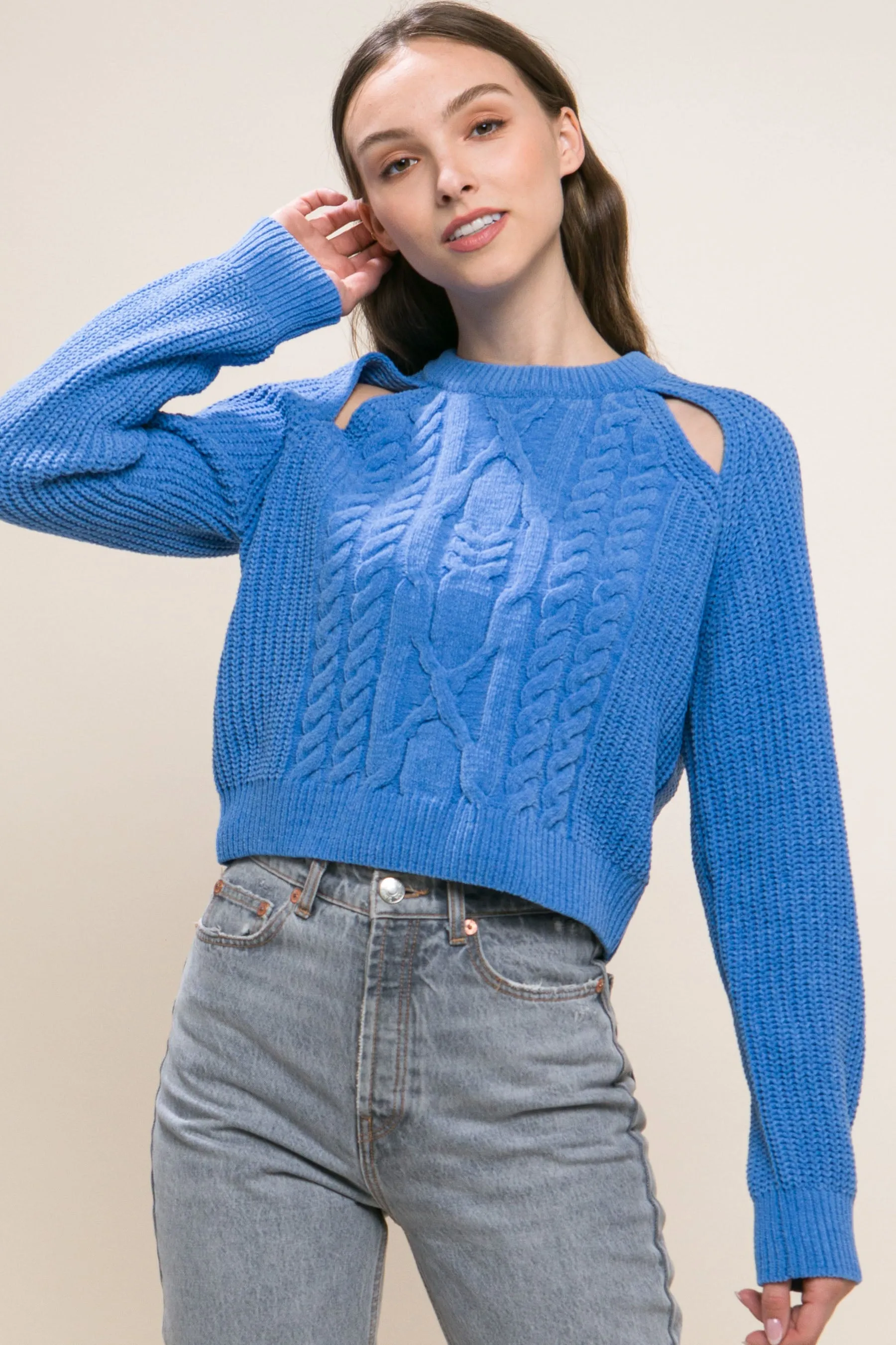 Knit Pullover Sweater With Cold Shoulder Detail