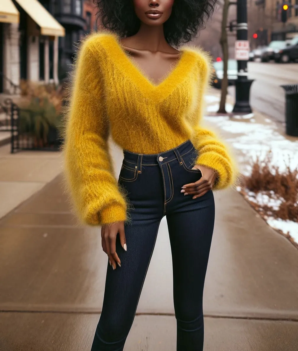 KYE MI Fuzzy Knit V-Neck Sweater with Asymmetrical Hemline 2036LY