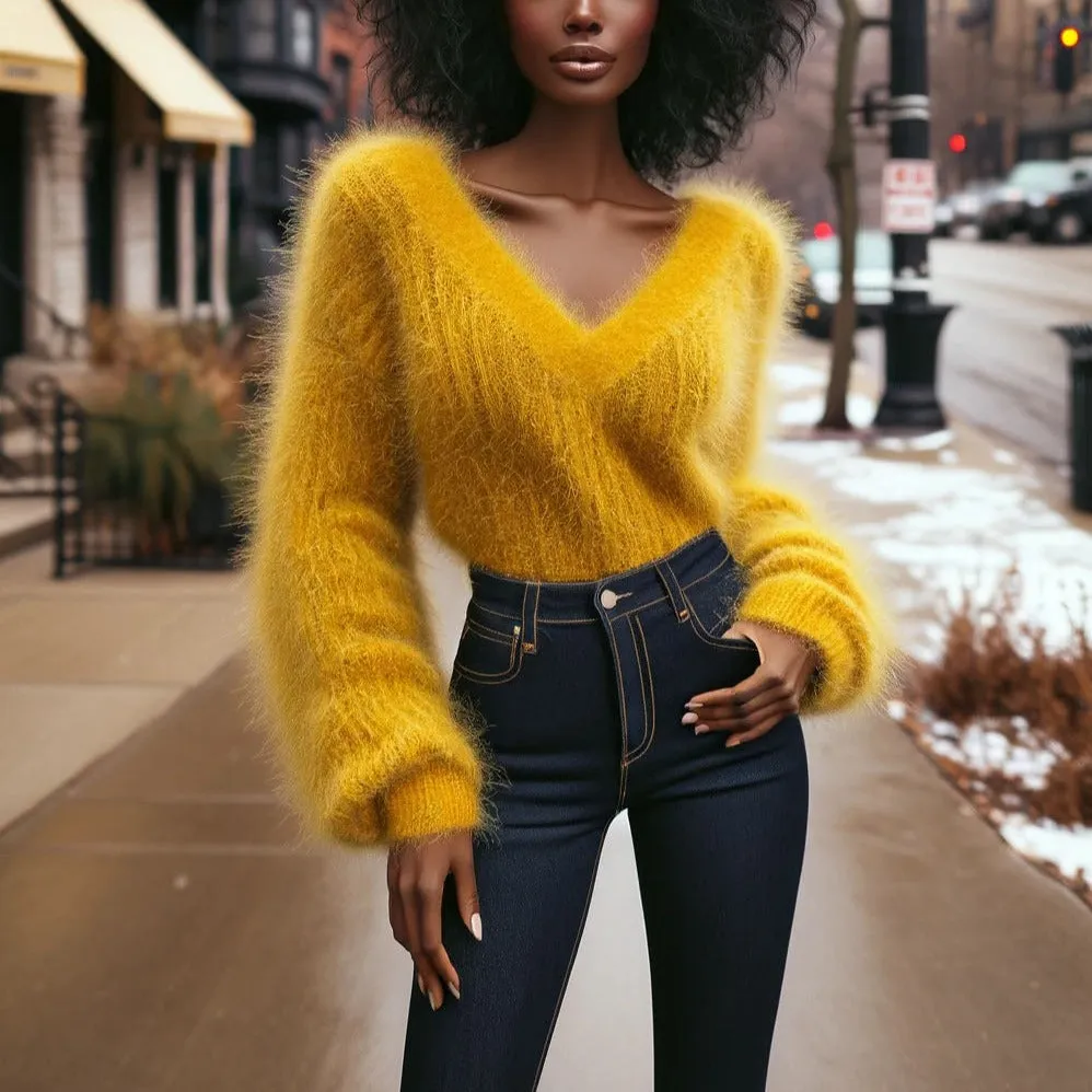 KYE MI Fuzzy Knit V-Neck Sweater with Asymmetrical Hemline 2036LY