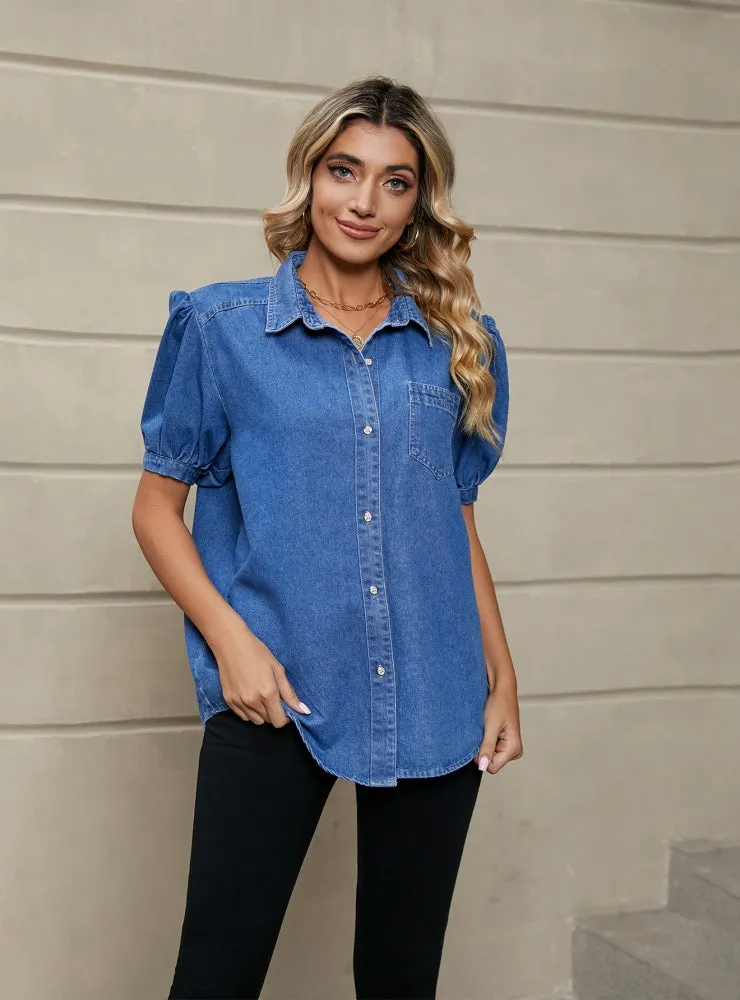 Lapel Thin Denim Shirt Top