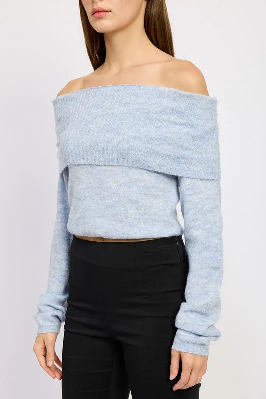 Light Blue Off Shoulder Long Sleeve Fold Over Top